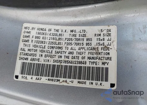 2004 Honda Cr-V Lx from USA, damaged, VIN SHSRD785X4U239849